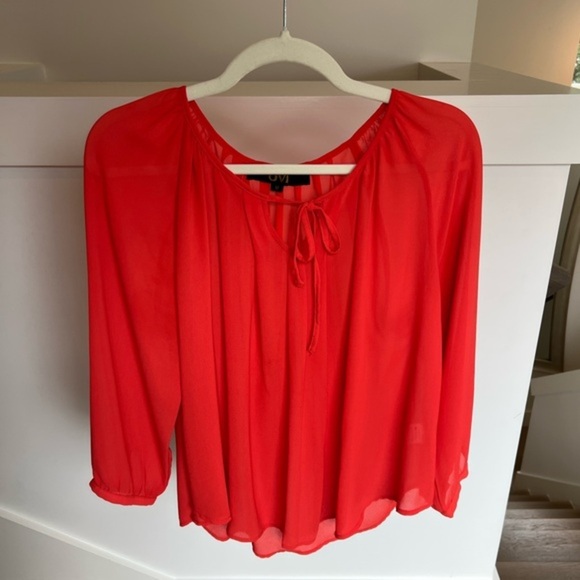 OVI Women’s Flowy Orange Blouse with Sleeves and Tie Neck - Size Medium - Picture 2 of 14